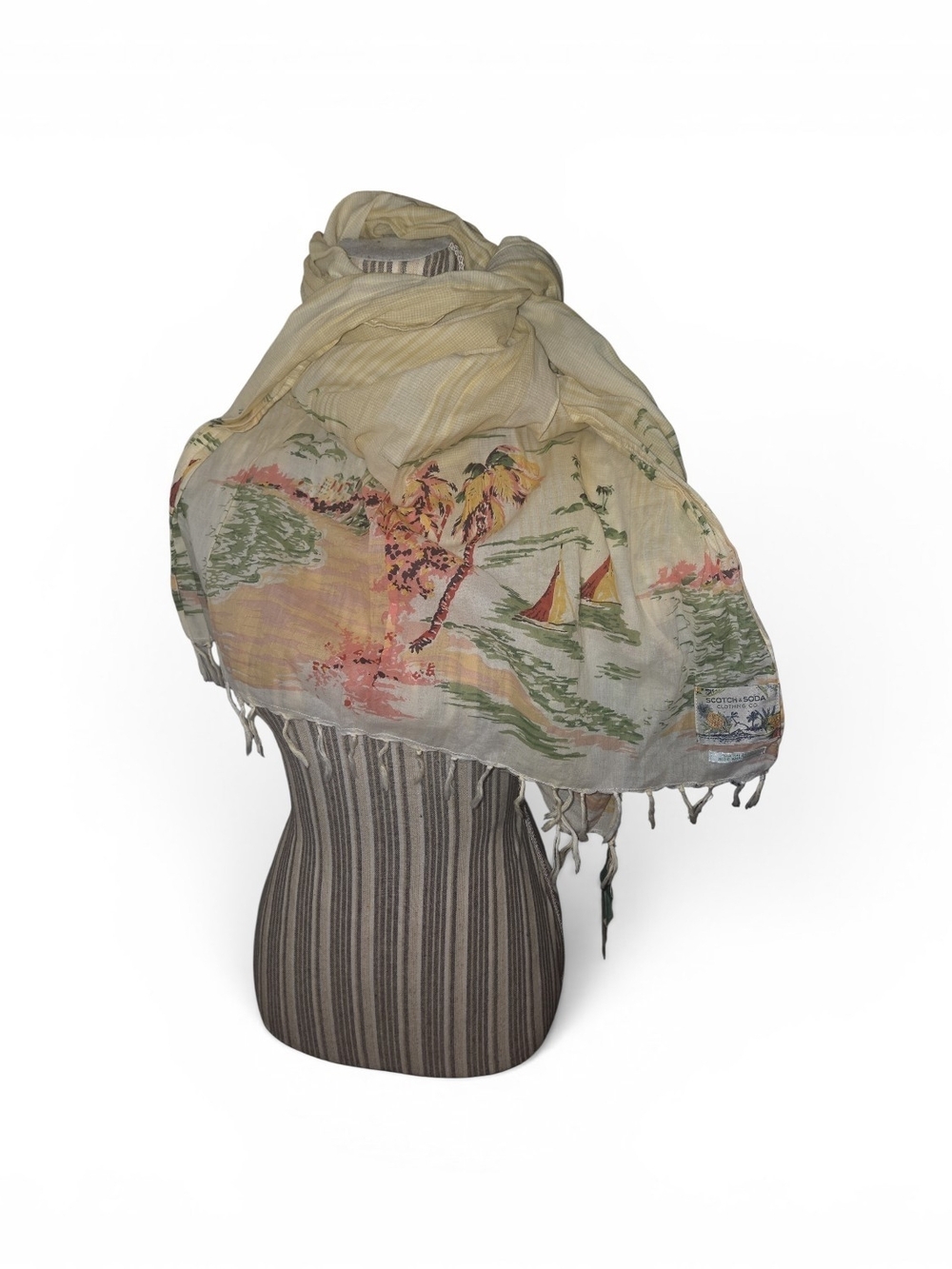 Scotch & Soda Pastel Floral Fringe Scarf in Cream and Light Green - Picture 4 of 5